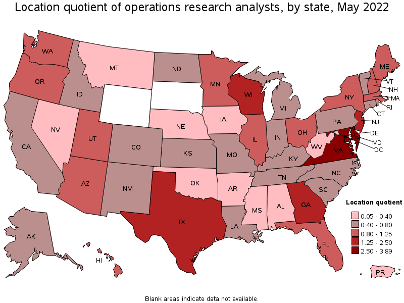 Map of location quotient of operations research analysts by state, May 2022