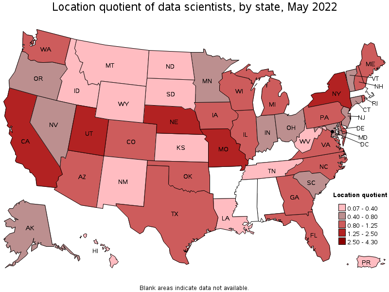 Map of location quotient of data scientists by state, May 2022