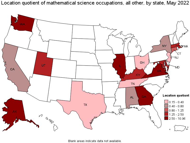 Map of location quotient of mathematical science occupations, all other by state, May 2022