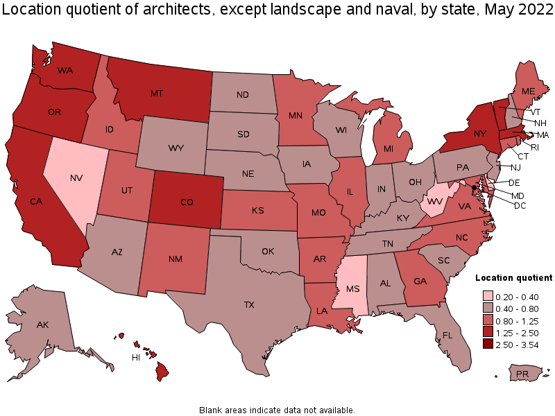 Map of location quotient of architects, except landscape and naval by state, May 2022