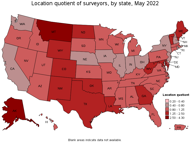 Map of location quotient of surveyors by state, May 2022