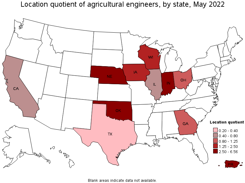 Map of location quotient of agricultural engineers by state, May 2022