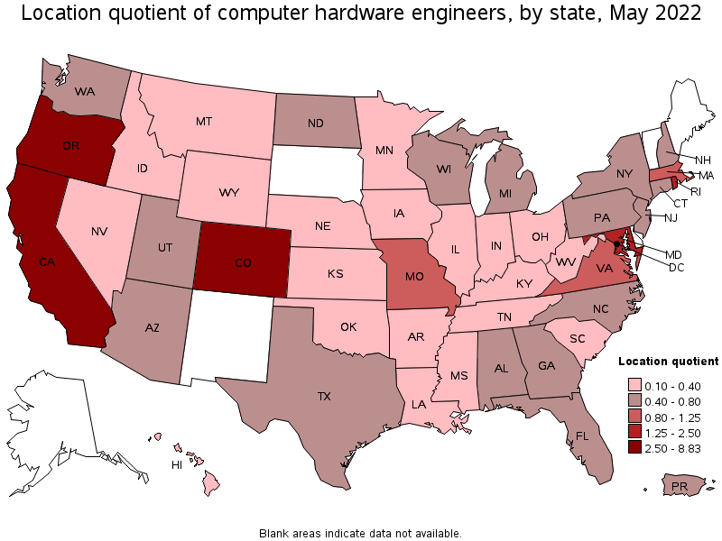 Map of location quotient of computer hardware engineers by state, May 2022