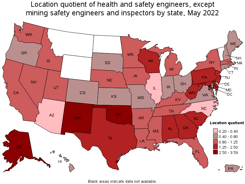 Map of location quotient of health and safety engineers, except mining safety engineers and inspectors by state, May 2022