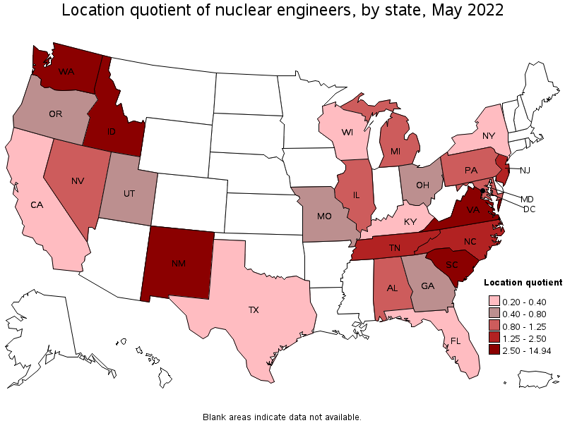 Map of location quotient of nuclear engineers by state, May 2022