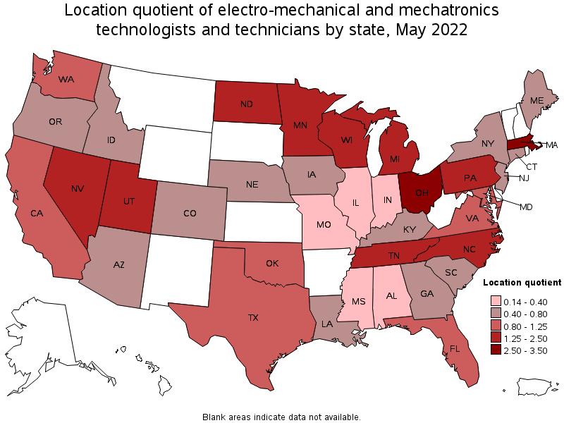 Map of location quotient of electro-mechanical and mechatronics technologists and technicians by state, May 2022