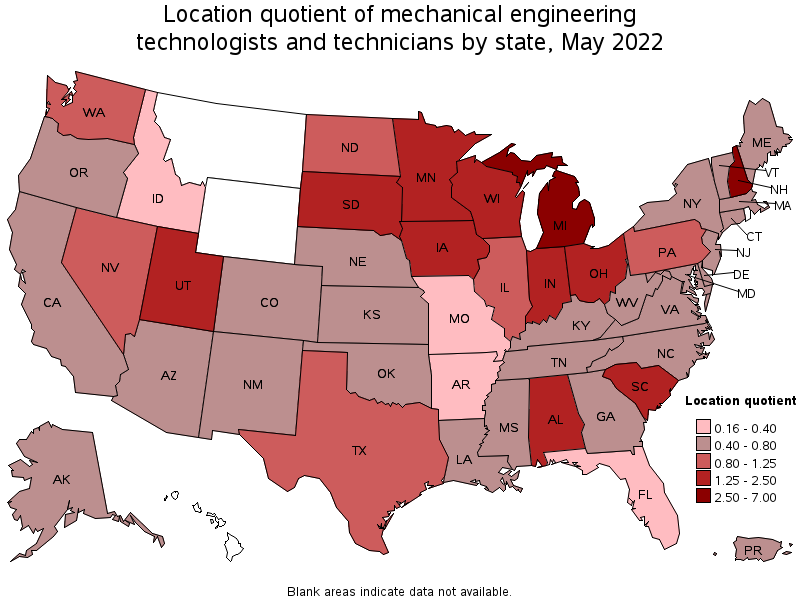 Map of location quotient of mechanical engineering technologists and technicians by state, May 2022