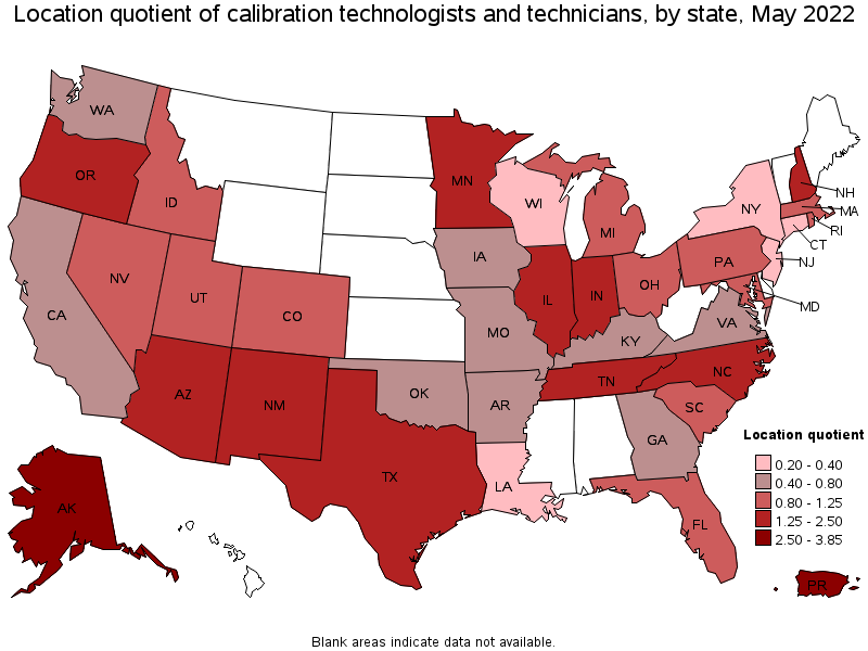 Map of location quotient of calibration technologists and technicians by state, May 2022