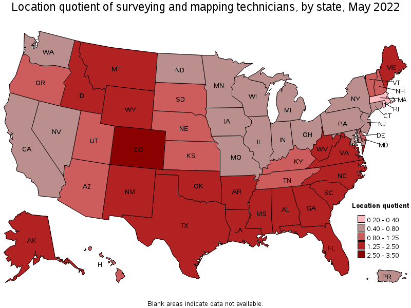 Map of location quotient of surveying and mapping technicians by state, May 2022