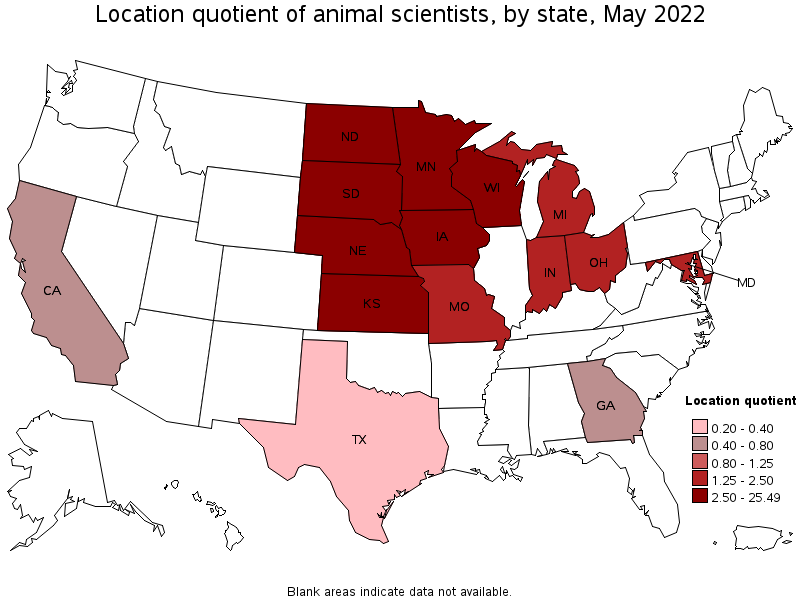 Map of location quotient of animal scientists by state, May 2022