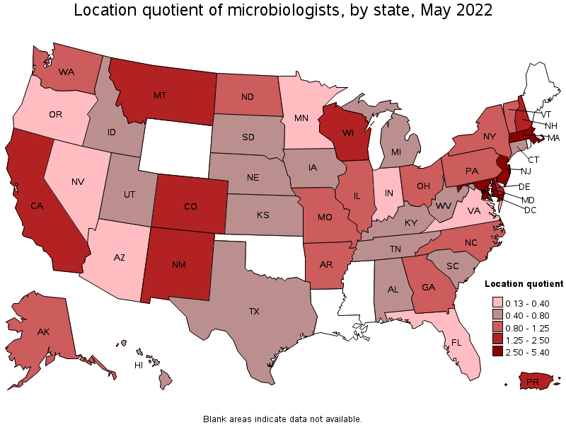 Map of location quotient of microbiologists by state, May 2022