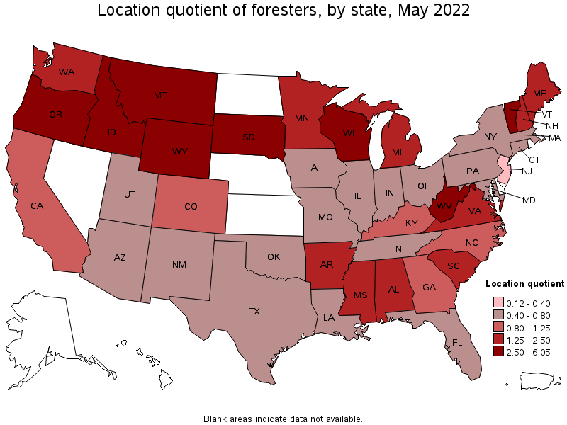 Map of location quotient of foresters by state, May 2022