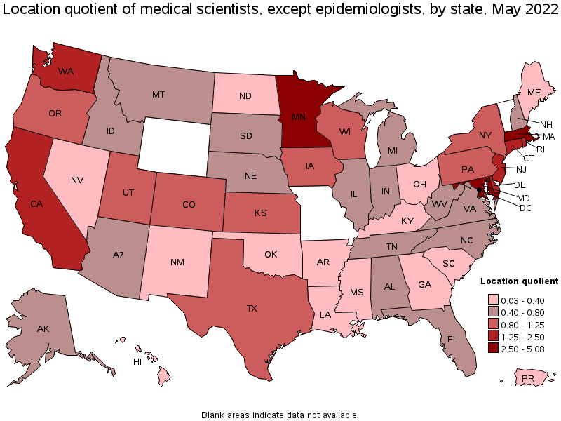 Map of location quotient of medical scientists, except epidemiologists by state, May 2022