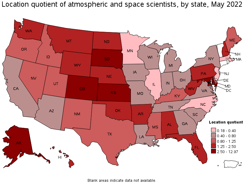 Map of location quotient of atmospheric and space scientists by state, May 2022