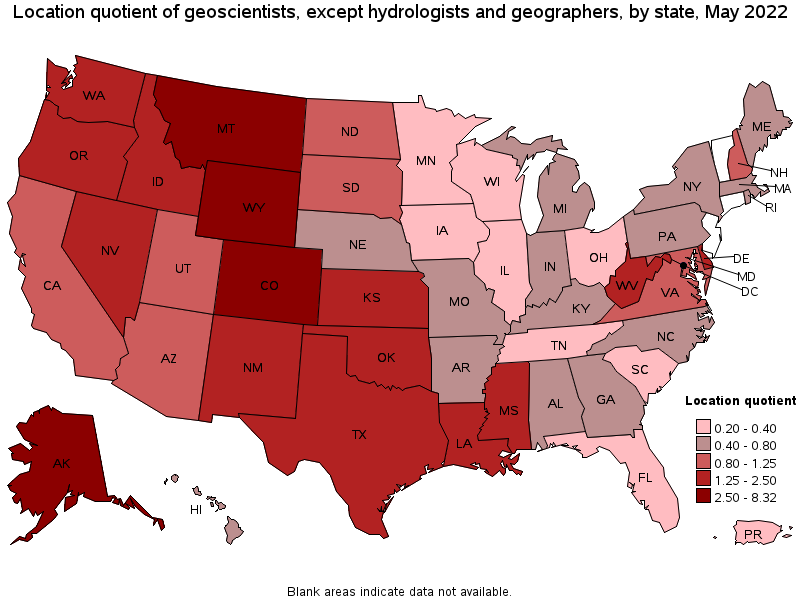 Map of location quotient of geoscientists, except hydrologists and geographers by state, May 2022