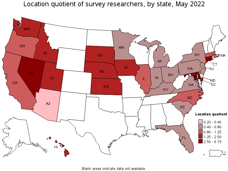 Map of location quotient of survey researchers by state, May 2022