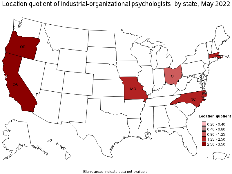 Map of location quotient of industrial-organizational psychologists by state, May 2022