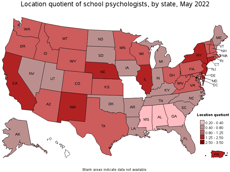 Map of location quotient of school psychologists by state, May 2022