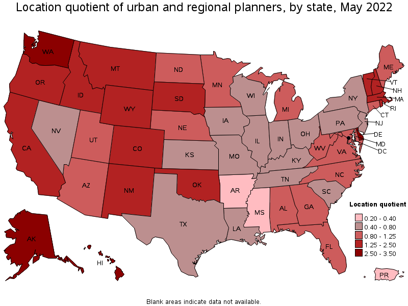 Map of location quotient of urban and regional planners by state, May 2022