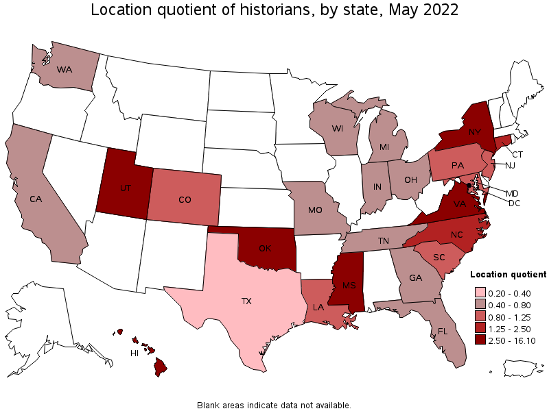 Map of location quotient of historians by state, May 2022