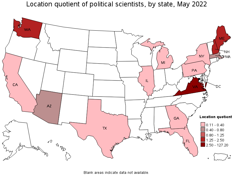 Map of location quotient of political scientists by state, May 2022