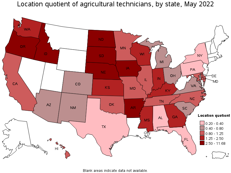 Map of location quotient of agricultural technicians by state, May 2022