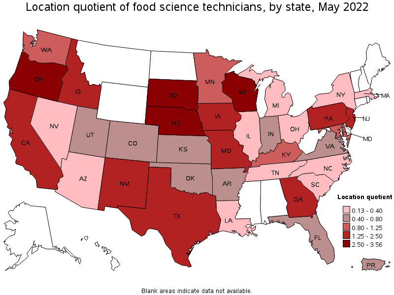 Map of location quotient of food science technicians by state, May 2022