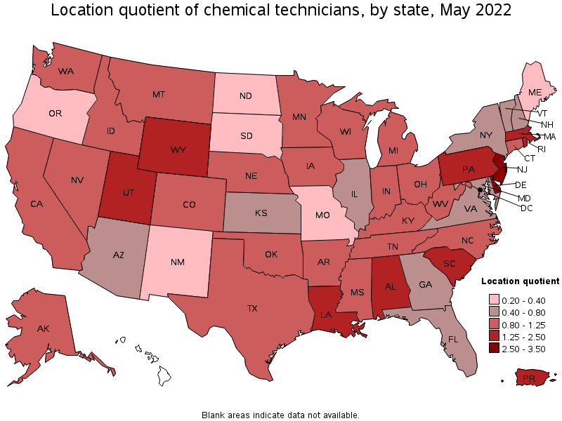 Map of location quotient of chemical technicians by state, May 2022