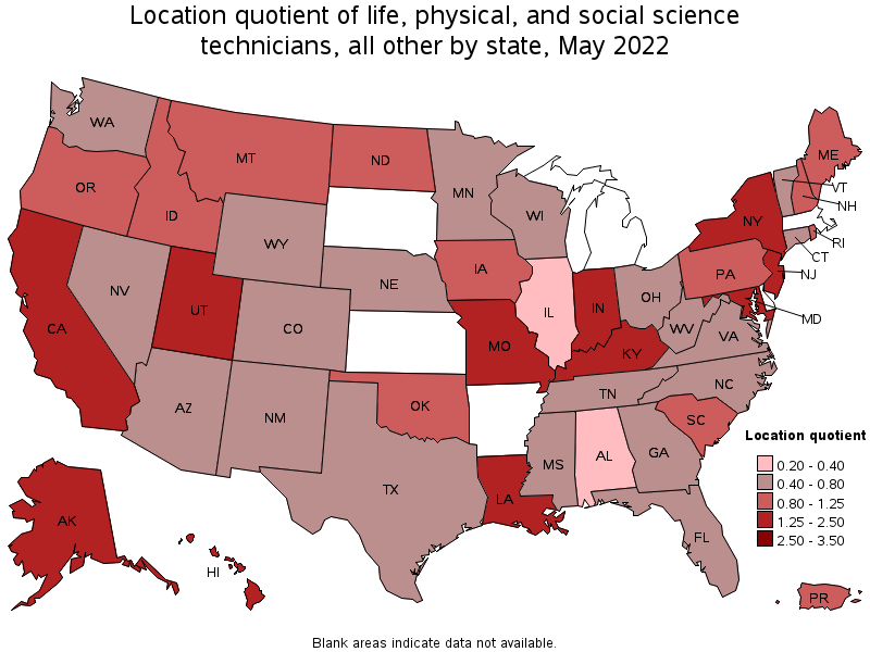 Map of location quotient of life, physical, and social science technicians, all other by state, May 2022