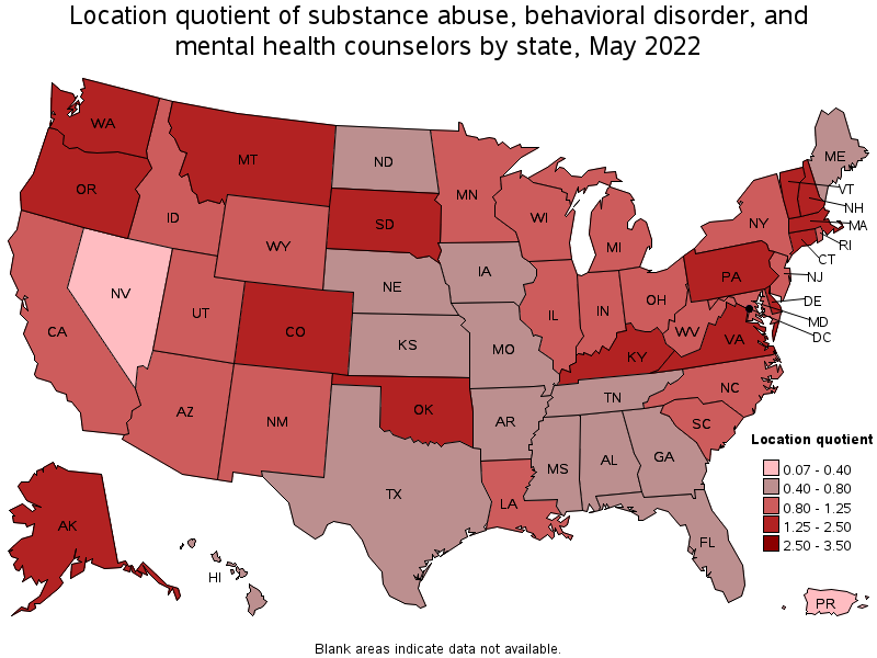 Map of location quotient of substance abuse, behavioral disorder, and mental health counselors by state, May 2022