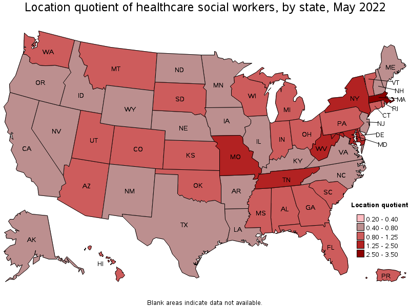 Map of location quotient of healthcare social workers by state, May 2022