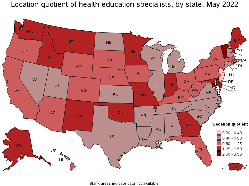 Map of location quotient of health education specialists by state, May 2022