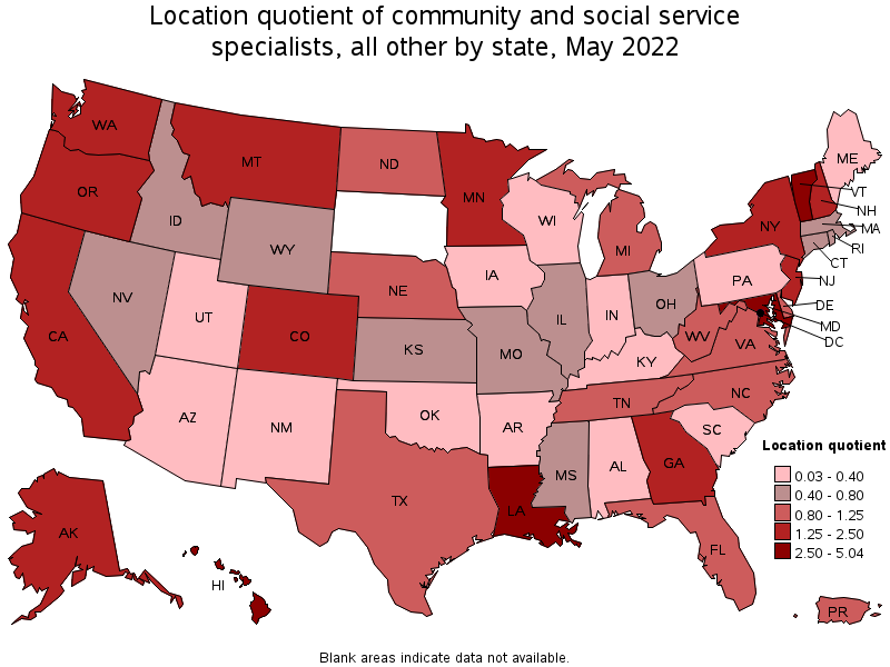 Map of location quotient of community and social service specialists, all other by state, May 2022