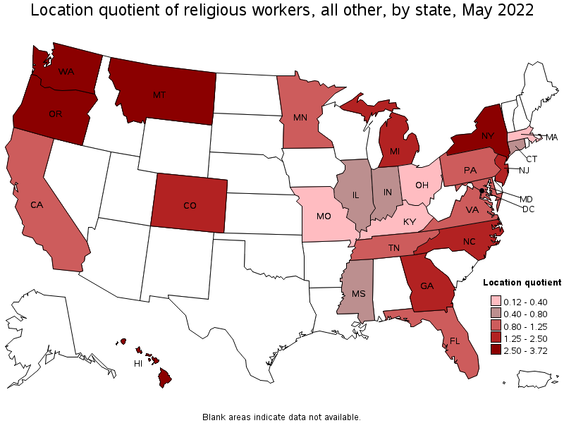 Map of location quotient of religious workers, all other by state, May 2022