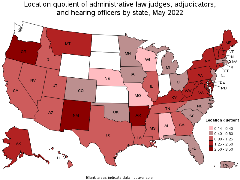Map of location quotient of administrative law judges, adjudicators, and hearing officers by state, May 2022