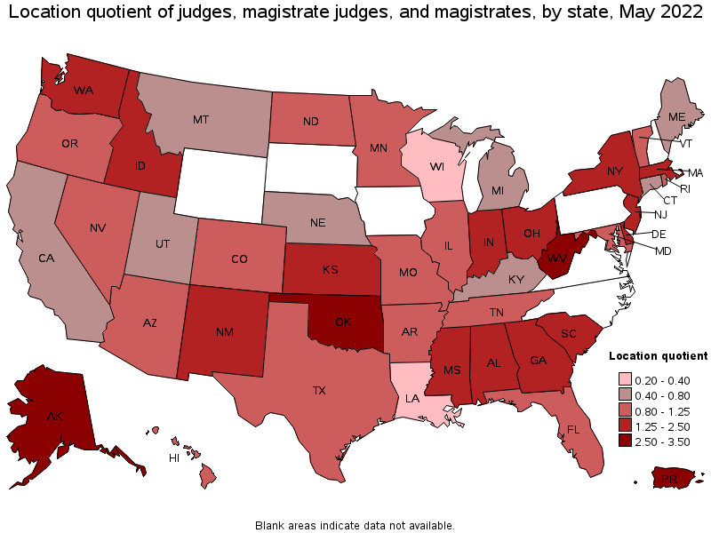 Map of location quotient of judges, magistrate judges, and magistrates by state, May 2022