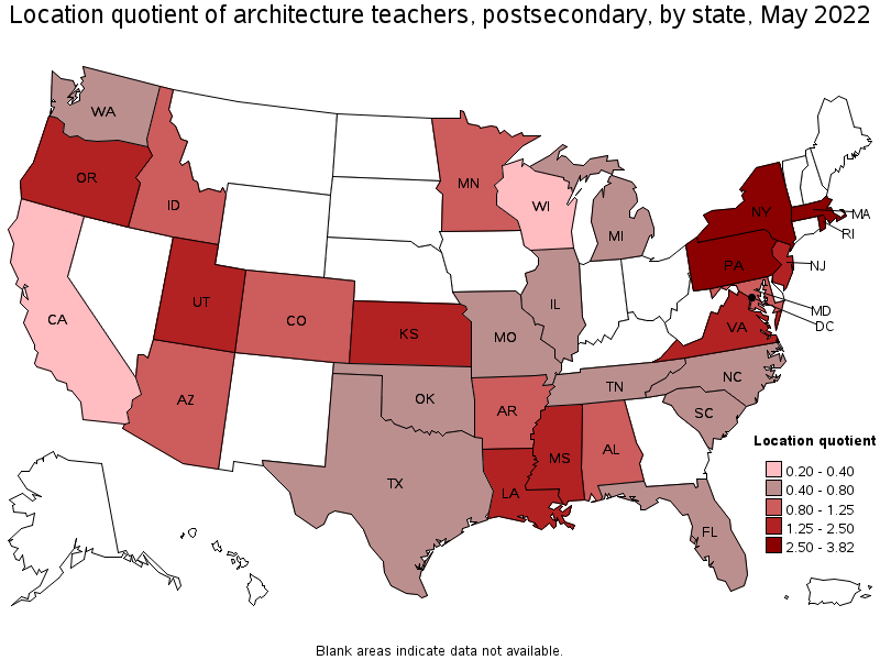 Map of location quotient of architecture teachers, postsecondary by state, May 2022