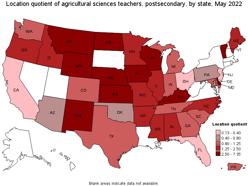 Map of location quotient of agricultural sciences teachers, postsecondary by state, May 2022