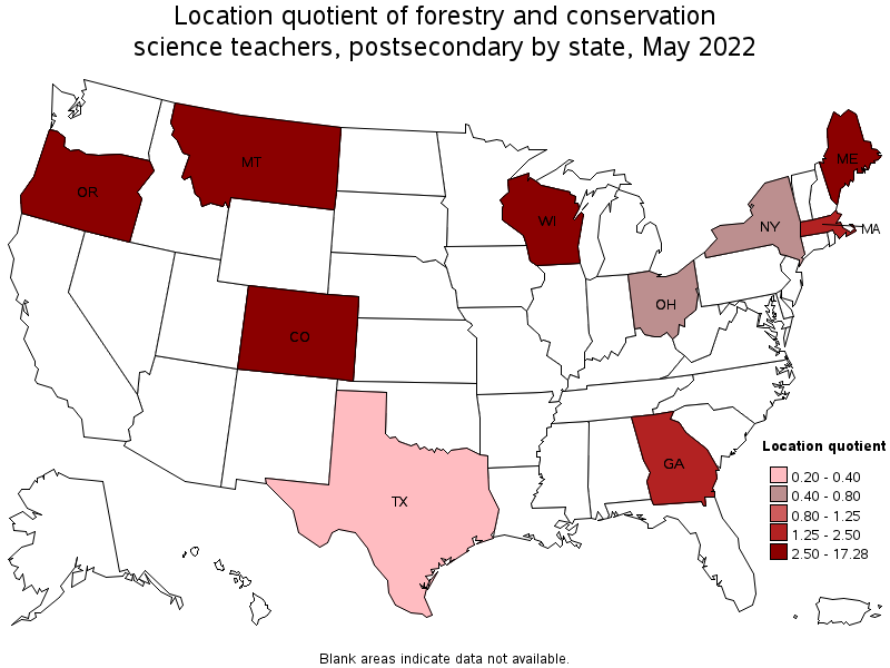 Map of location quotient of forestry and conservation science teachers, postsecondary by state, May 2022