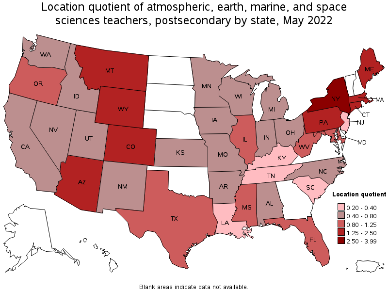 Map of location quotient of atmospheric, earth, marine, and space sciences teachers, postsecondary by state, May 2022