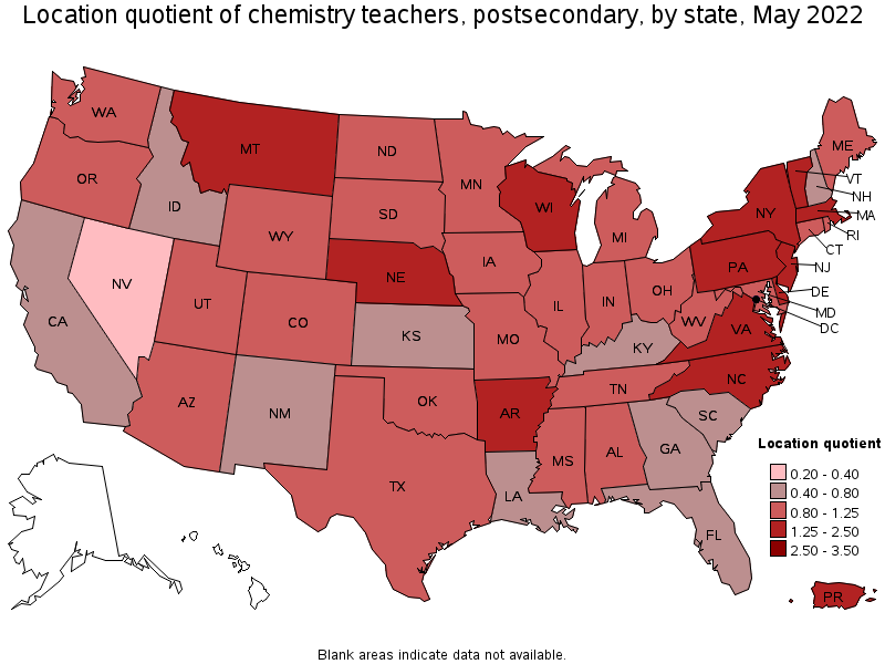 Map of location quotient of chemistry teachers, postsecondary by state, May 2022