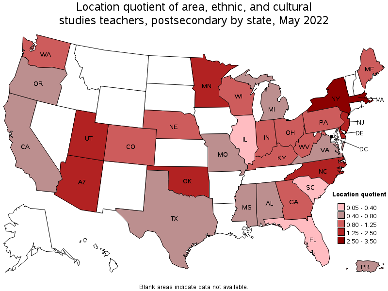Map of location quotient of area, ethnic, and cultural studies teachers, postsecondary by state, May 2022
