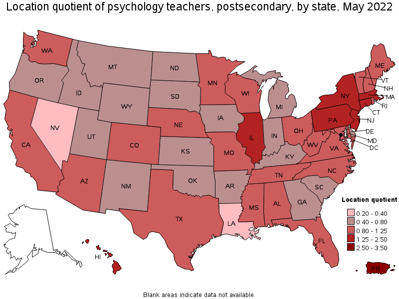 Map of location quotient of psychology teachers, postsecondary by state, May 2022