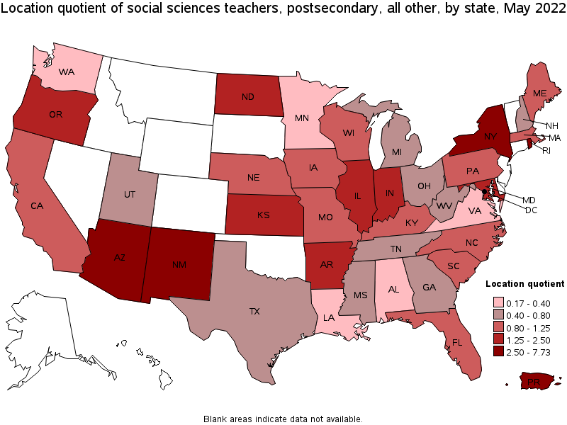 Map of location quotient of social sciences teachers, postsecondary, all other by state, May 2022