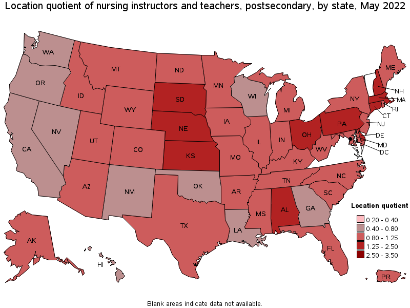 Map of location quotient of nursing instructors and teachers, postsecondary by state, May 2022