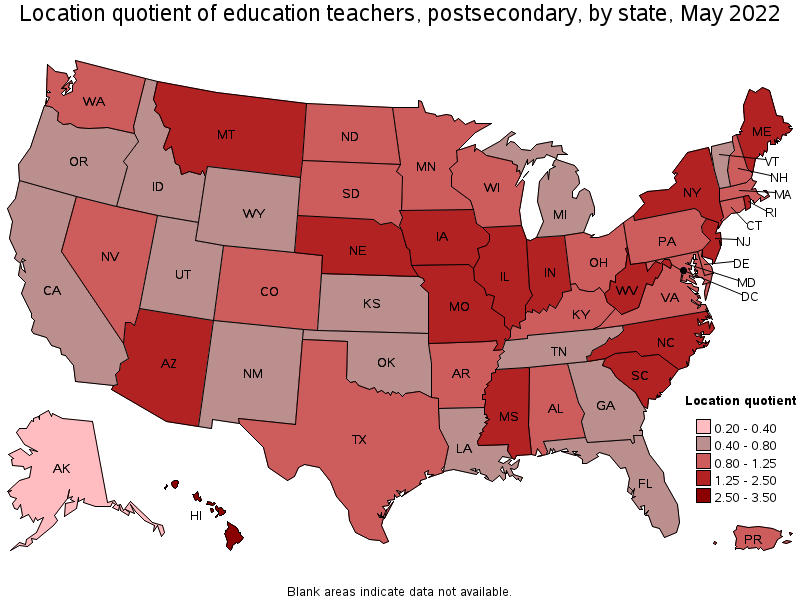 Map of location quotient of education teachers, postsecondary by state, May 2022