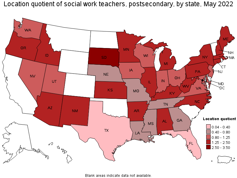 Map of location quotient of social work teachers, postsecondary by state, May 2022