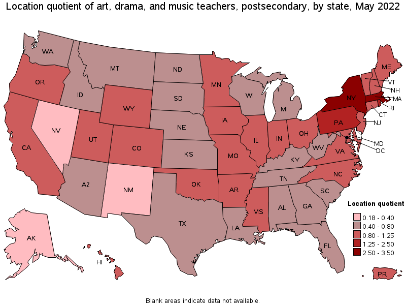 Map of location quotient of art, drama, and music teachers, postsecondary by state, May 2022