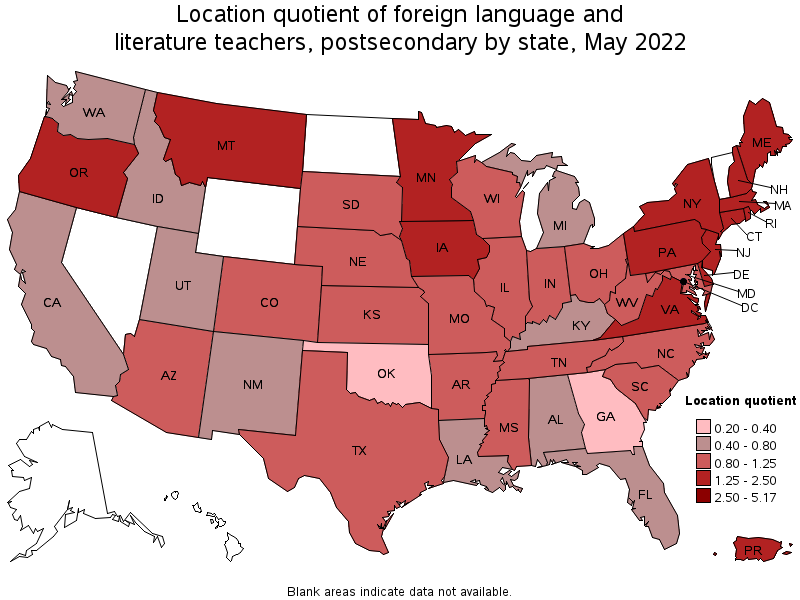 Map of location quotient of foreign language and literature teachers, postsecondary by state, May 2022