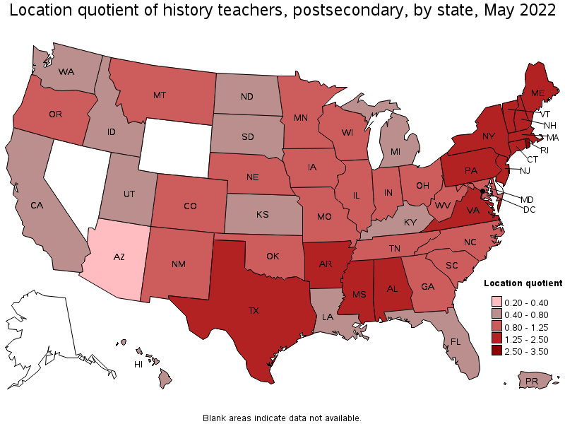 Map of location quotient of history teachers, postsecondary by state, May 2022